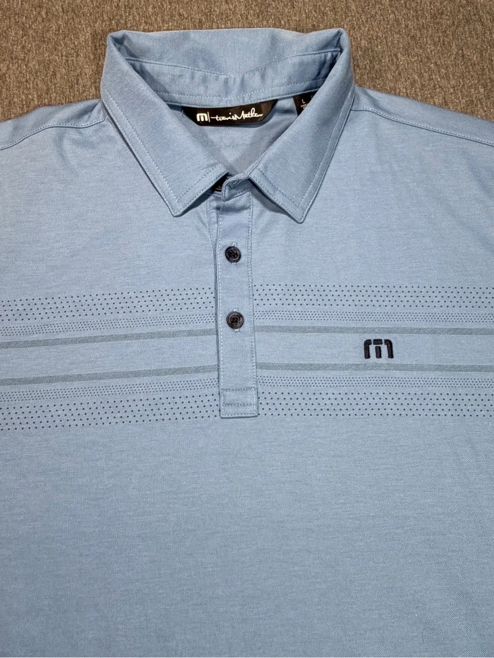 TravisMathew Men’s Polo Shirt Large Blue Chest Stripe Pattern Short Sleeve Golf - Picture 2 of 8